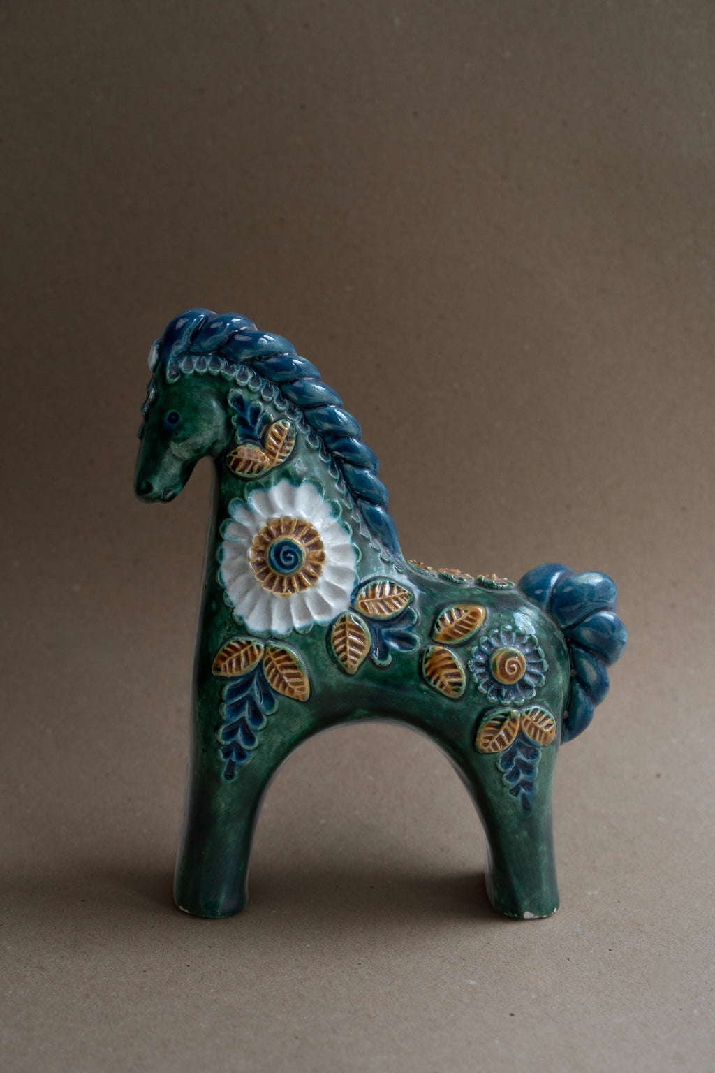 Glazed Ceramic Horse with Floral Relief