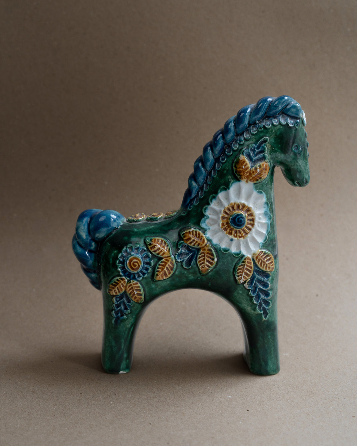 Glazed Ceramic Horse with Floral Relief