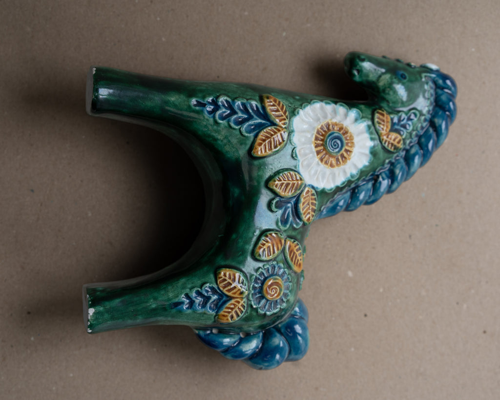 Glazed Ceramic Horse with Floral Relief